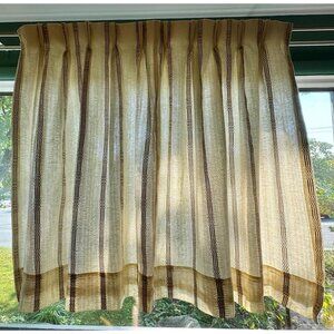 Vintage 70s pleated curtain, beige brown lined woven panel, striped, per panel